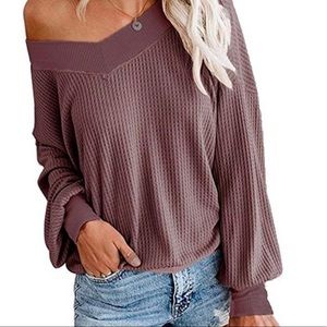 WISHLIST MAUVE V-NECK WAFFLE KNIT